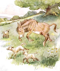 "Jag lekte hela dagen på den soliga ängen med de dumma små lammen", illustration från "The Naughty Neddy Book", utgiven av Thomas Nelson und Sons, 1920-talet.